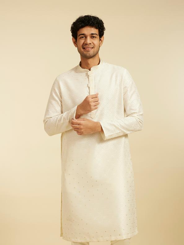 Diwas Men Cream White Lattice Patterned Kurta with Dotted Print
