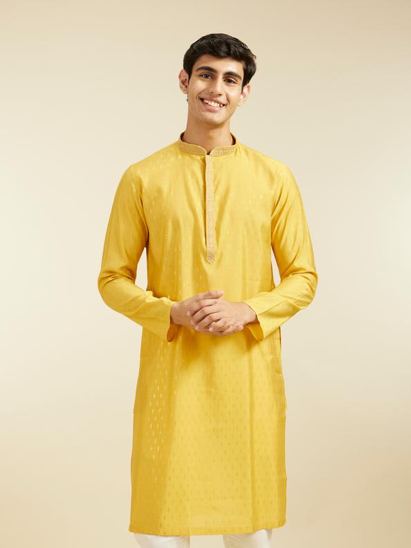 Diwas Men Mustard Yellow Kurta with Petal Motifs and Embroidered Placket