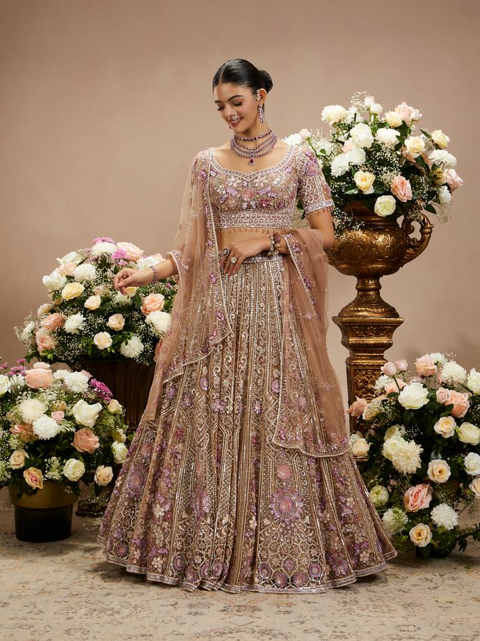 Twamev Women Blush Pink Pearl And 3D Sequin Embroidered Lehenga with Purple Floral Buta Motifs