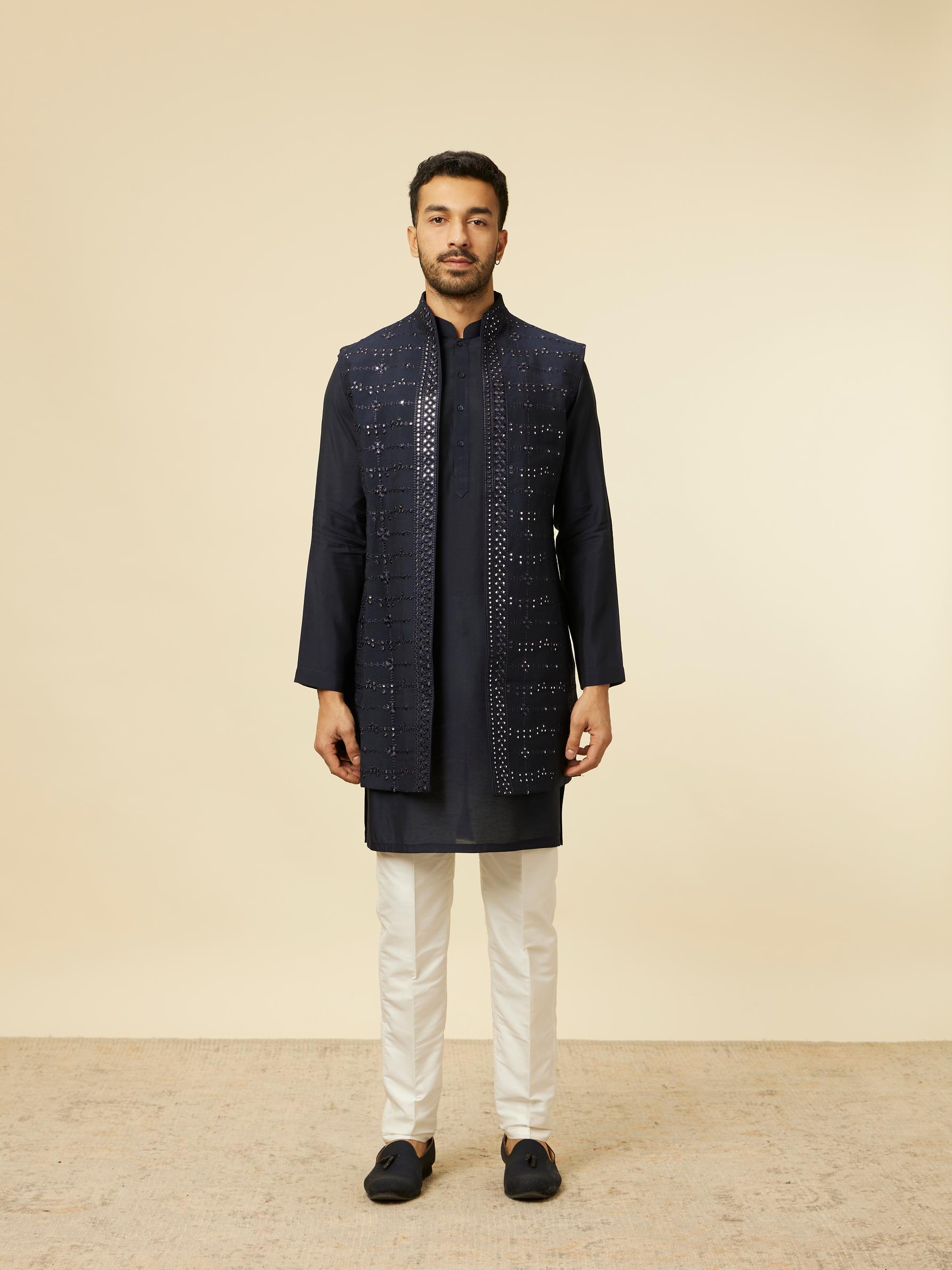 Twamev Men Dark Blue Self Mirror Patterned Kurta Jacket Set