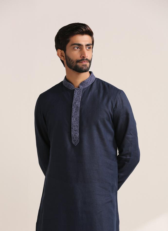 Twamev Men Navy Blue Embroidered Placket Kurta Set