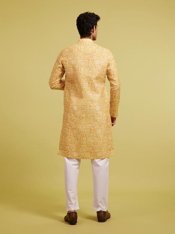 Diwas Men Mustard Yellow Aztec Printed Kurta