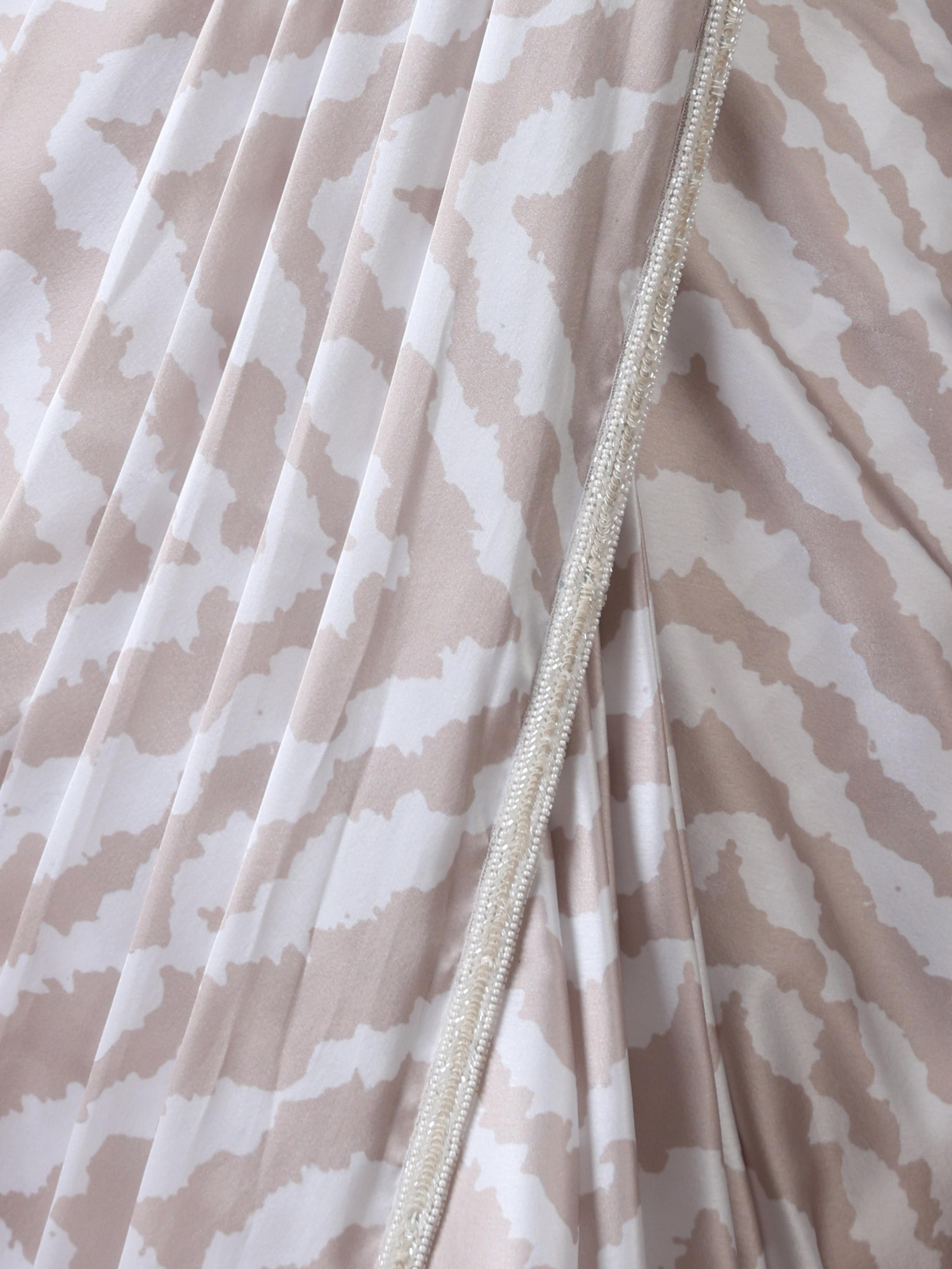 Twamev Women Beige White Satin Saree Splendor