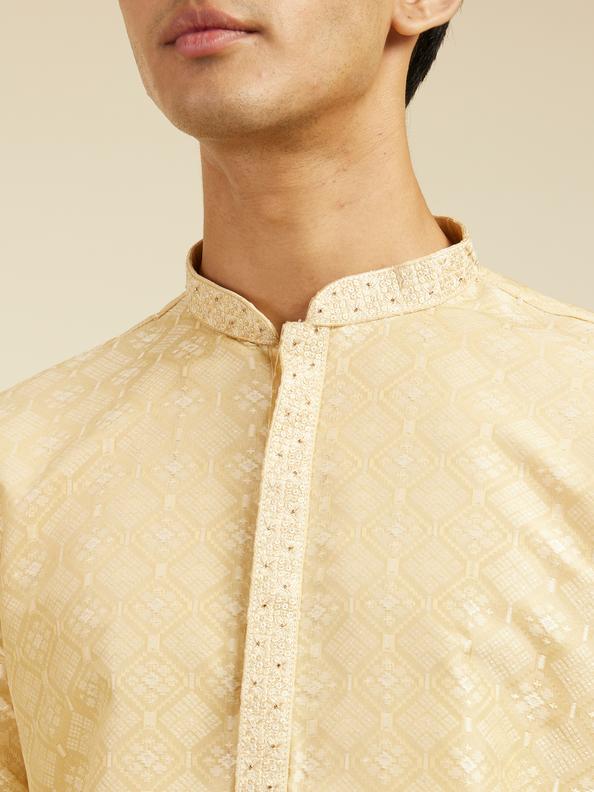 Diwas Men Sand Beige Grid Patterned Kurta with Embroidered Neckline