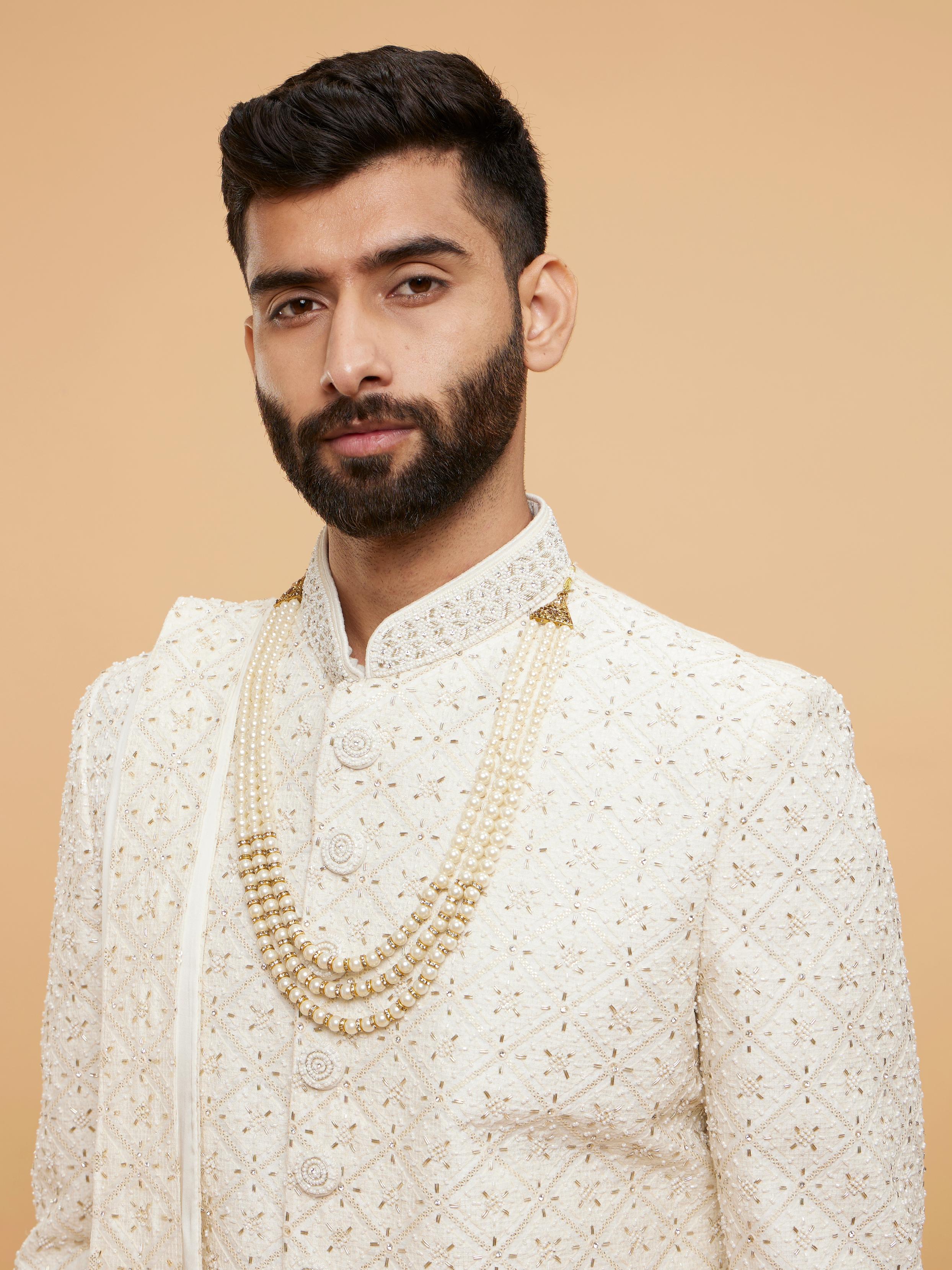 Twamev Men Warm White Grid Patterned Sherwani Set with Sequin Embellishments