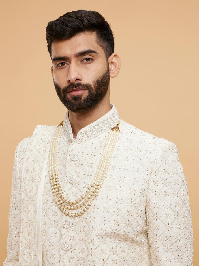 Twamev Men Warm White Grid Patterned Sherwani Set with Sequin Embellishments