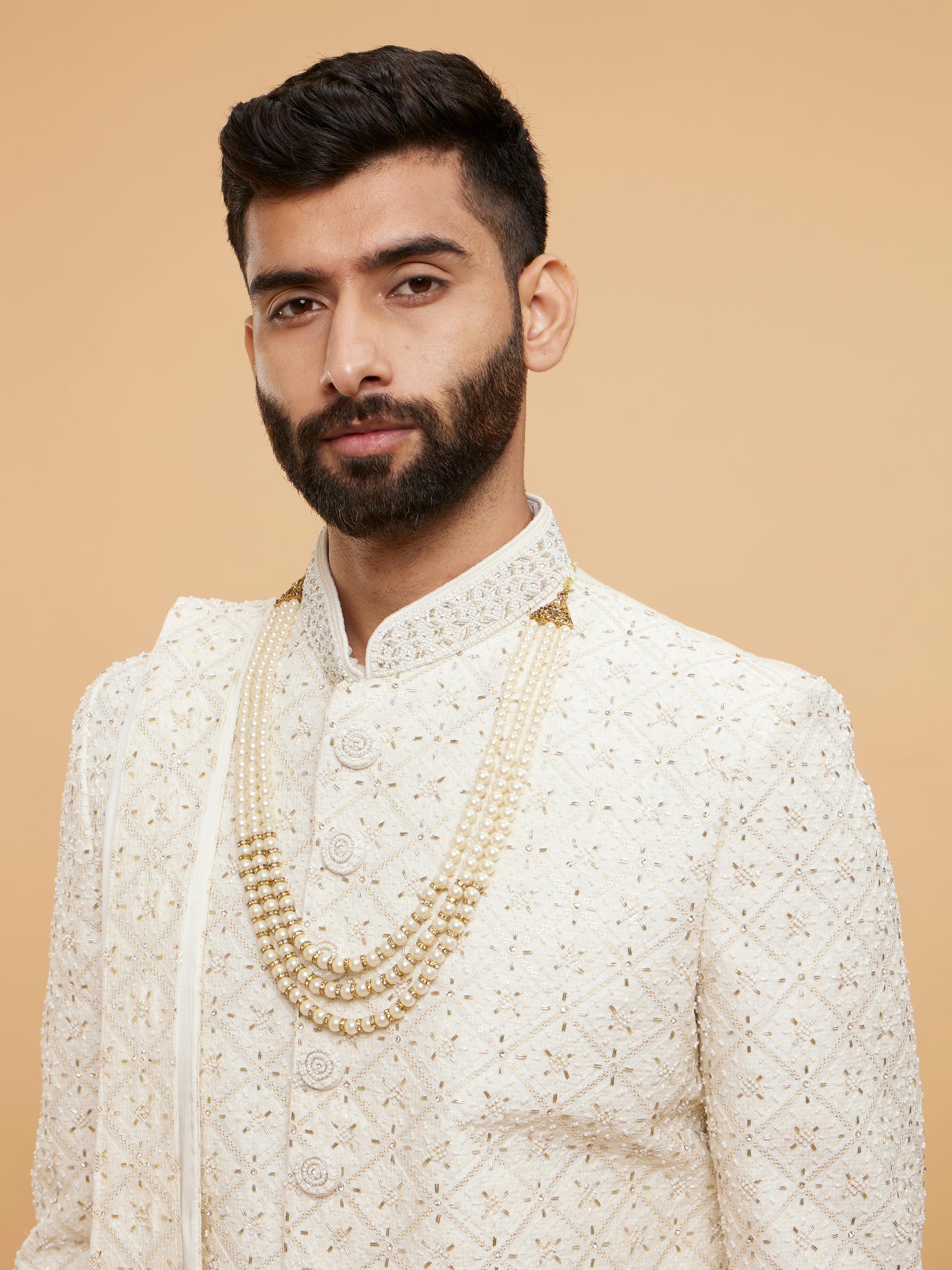 Twamev Men Warm White Grid Patterned Sherwani Set with Sequin Embellishments