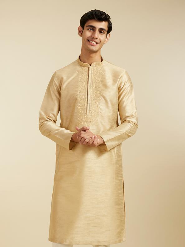 Diwas Men Cream Beige Kurta With Embroidered Neckline