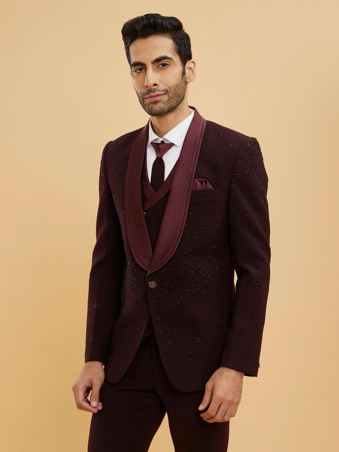 Twamev Men Wine Red Shawl Collared Tuxedo Suit Set with Embroidery