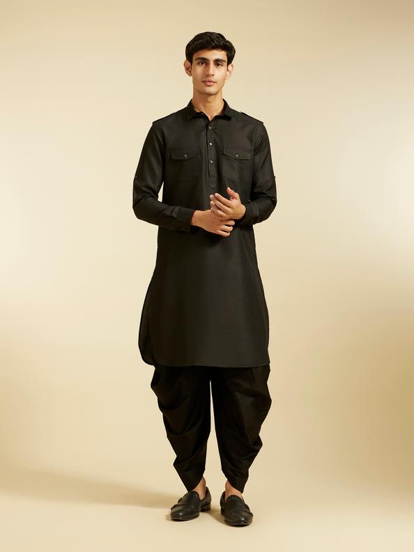 Diwas Men Midnight Black Paithani Style Kurta with Cuffed Sleeves