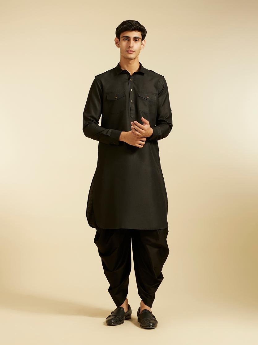 Diwas Men Midnight Black Paithani Style Kurta with Cuffed Sleeves