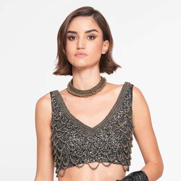 Twamev Women Black Chinon Sequin Elegance Saree