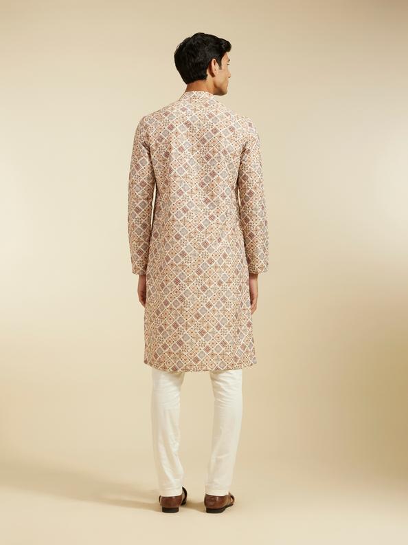 Diwas Men Soft Beige Chikankari Inspired Printed Kurta