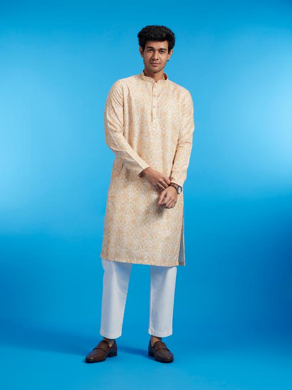 Diwas Men Primrose Yellow Paisley Patterned Kurta with Rhinestones