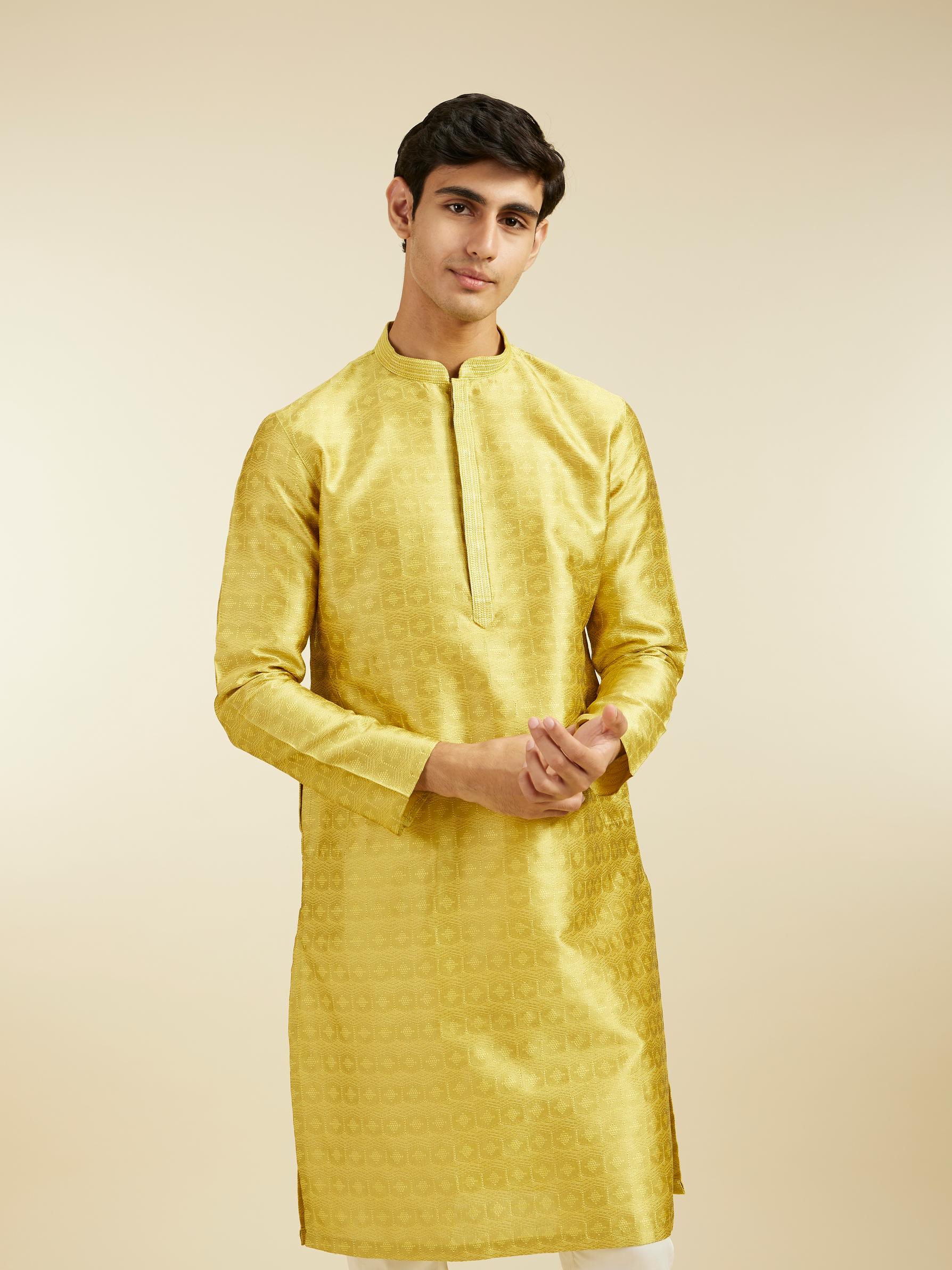 Diwas Men Mehndi Green Star Self Patterned Kurta