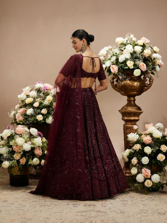 Twamev Women Wine Red Floral Jaal Embroidered Lehenga with Sequin Embellishments
