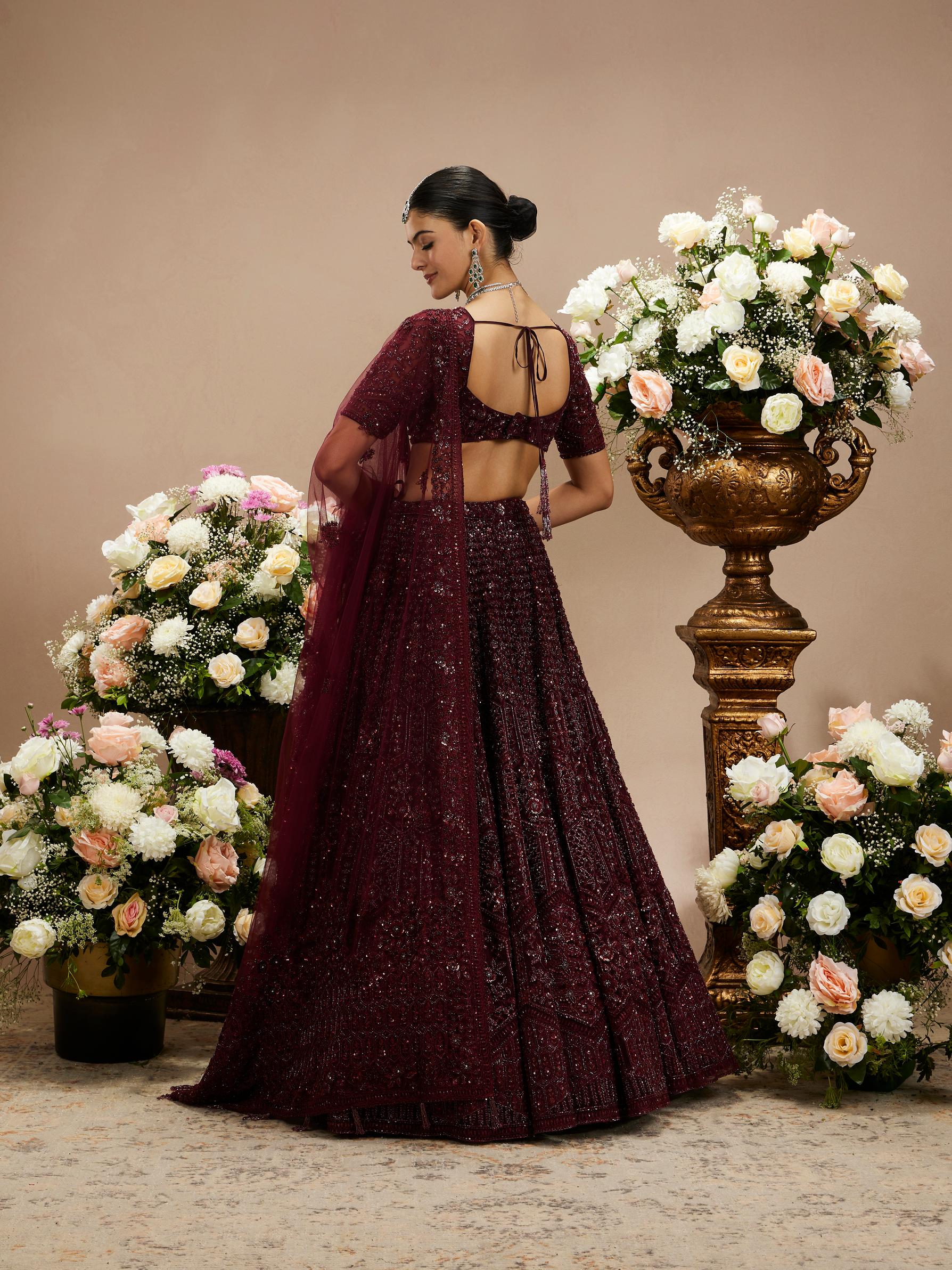 Twamev Women Wine Red Floral Jaal Embroidered Lehenga with Sequin Embellishments