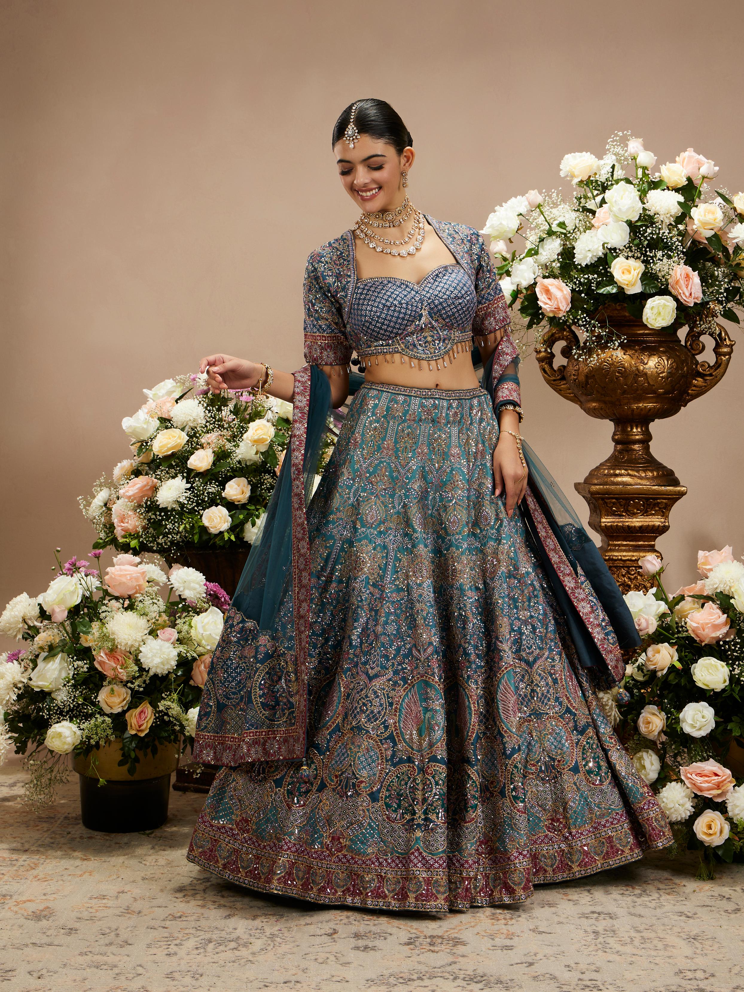 Twamev Women Cool Grey Zari Embroidered Bridal Lehenga with Floral And Peacock Motifs