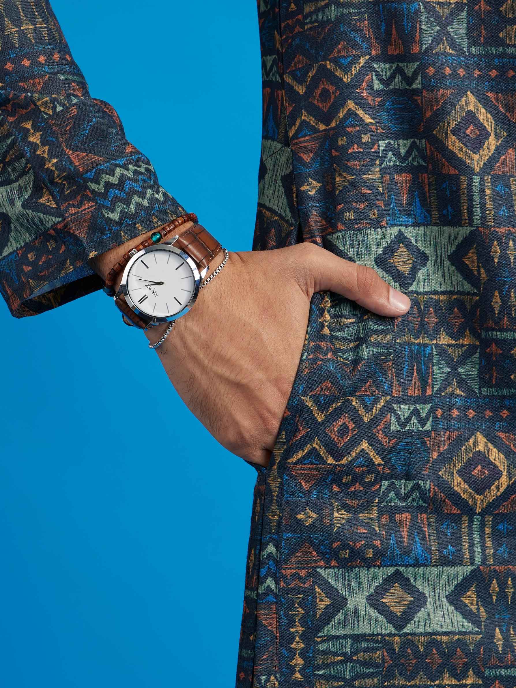 Diwas Men Teal Blue Aztec Printed Kurta