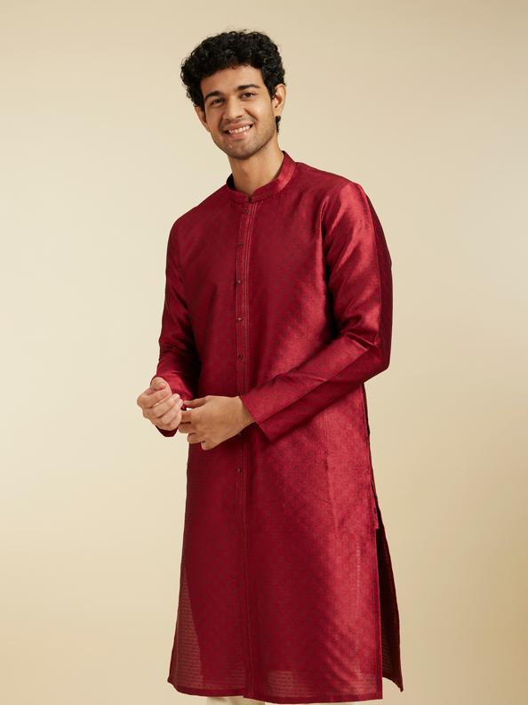 Diwas Men Maroon Red Lattice Patterned Kurta