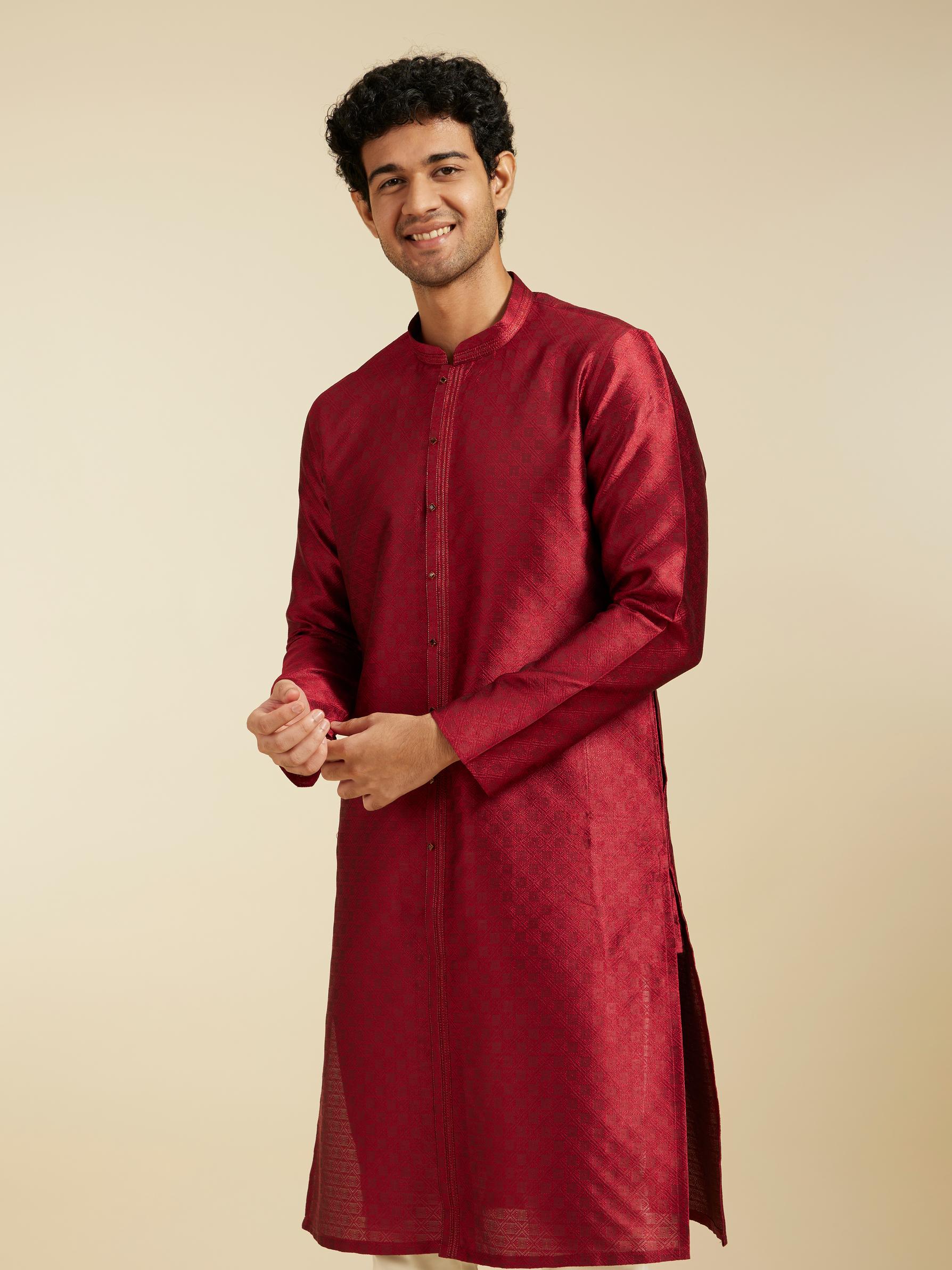 Diwas Men Maroon Red Lattice Patterned Kurta