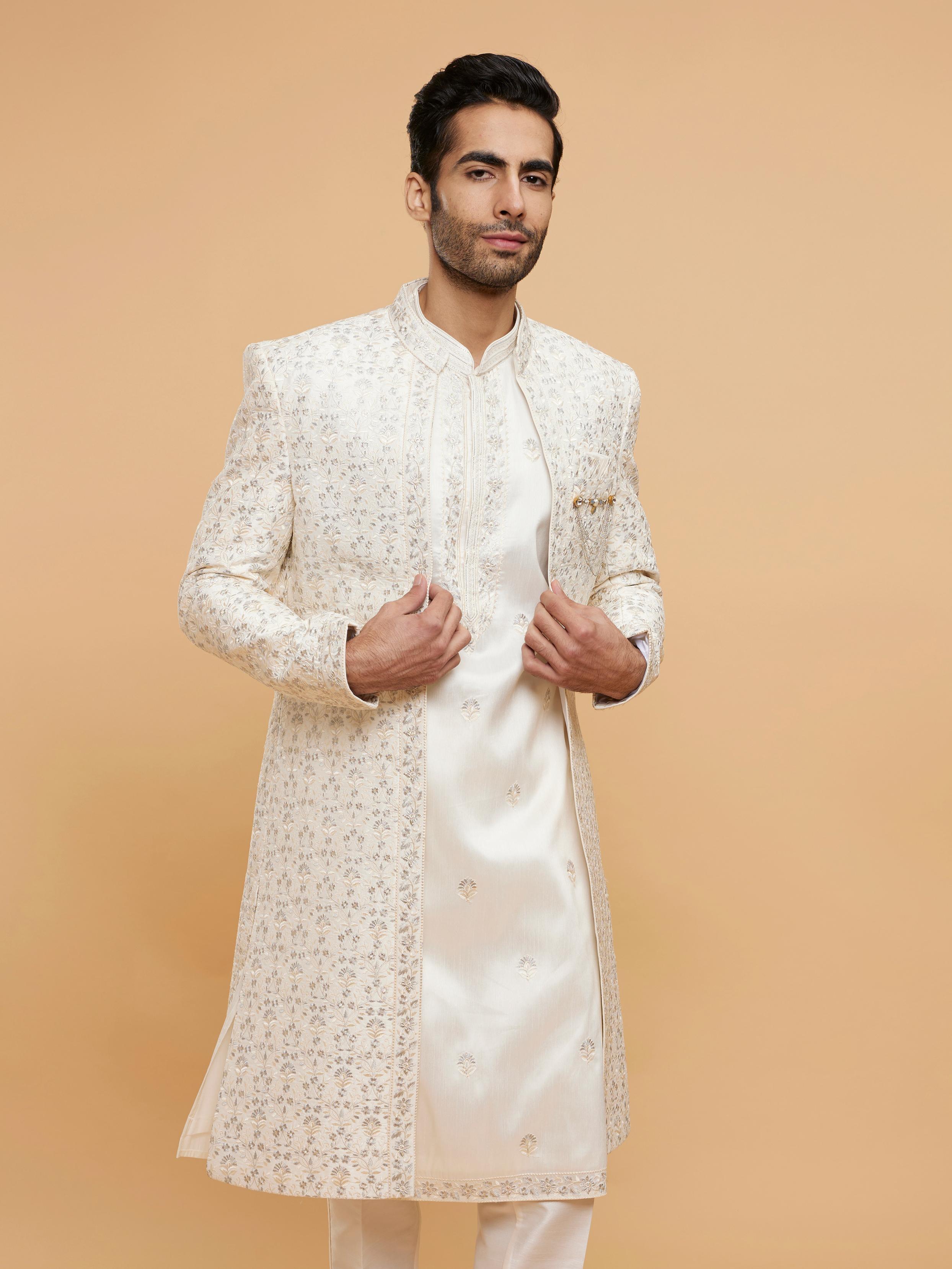 Twamev Men Warm White Bel Buti Embroidered Sherwani Set