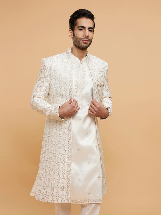 Twamev Men Warm White Bel Buti Embroidered Sherwani Set