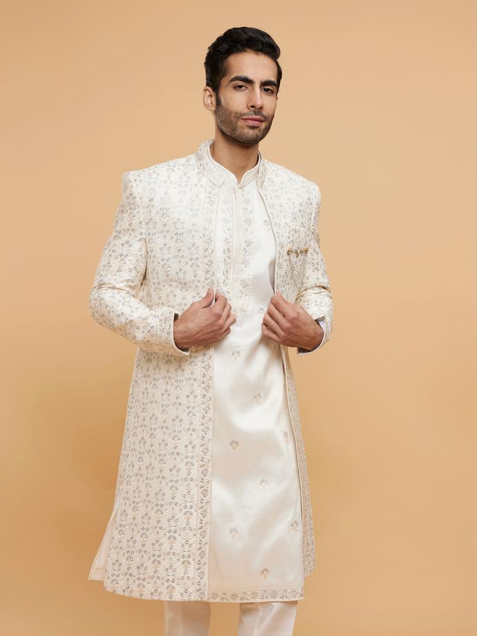 Twamev Men Warm White Bel Buti Embroidered Sherwani Set