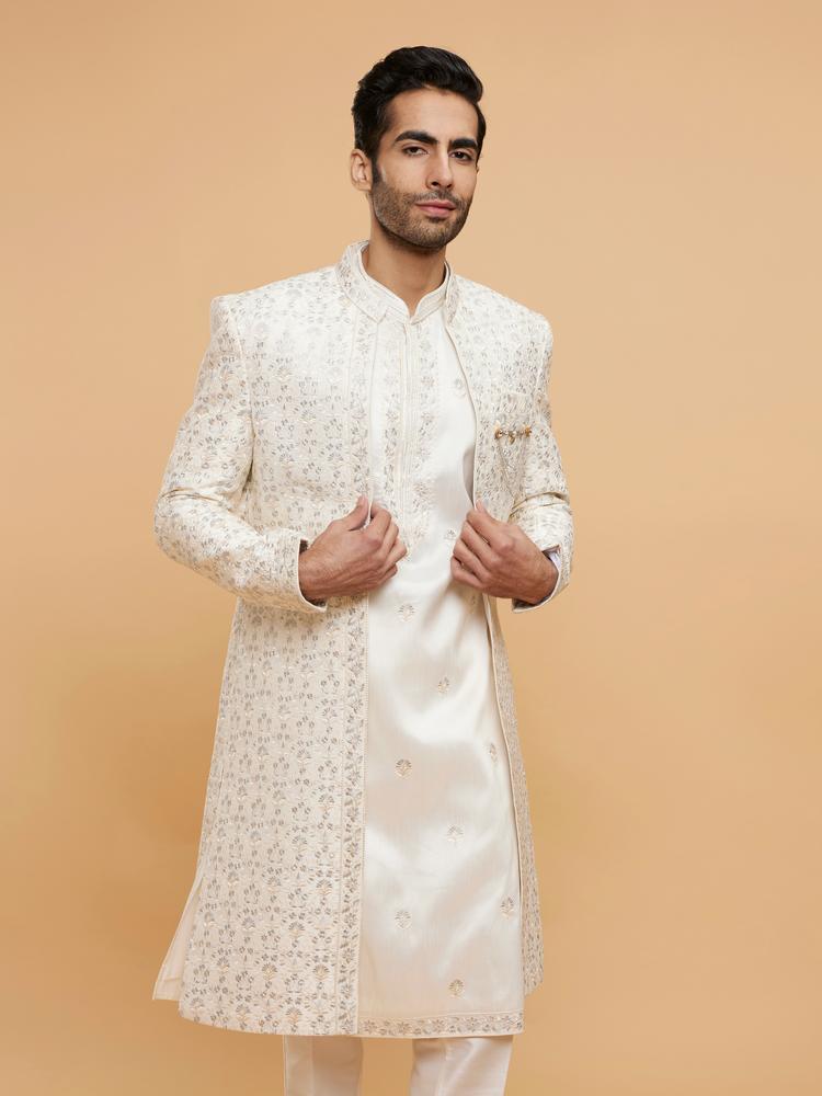 Twamev Men Warm White Bel Buti Embroidered Sherwani Set