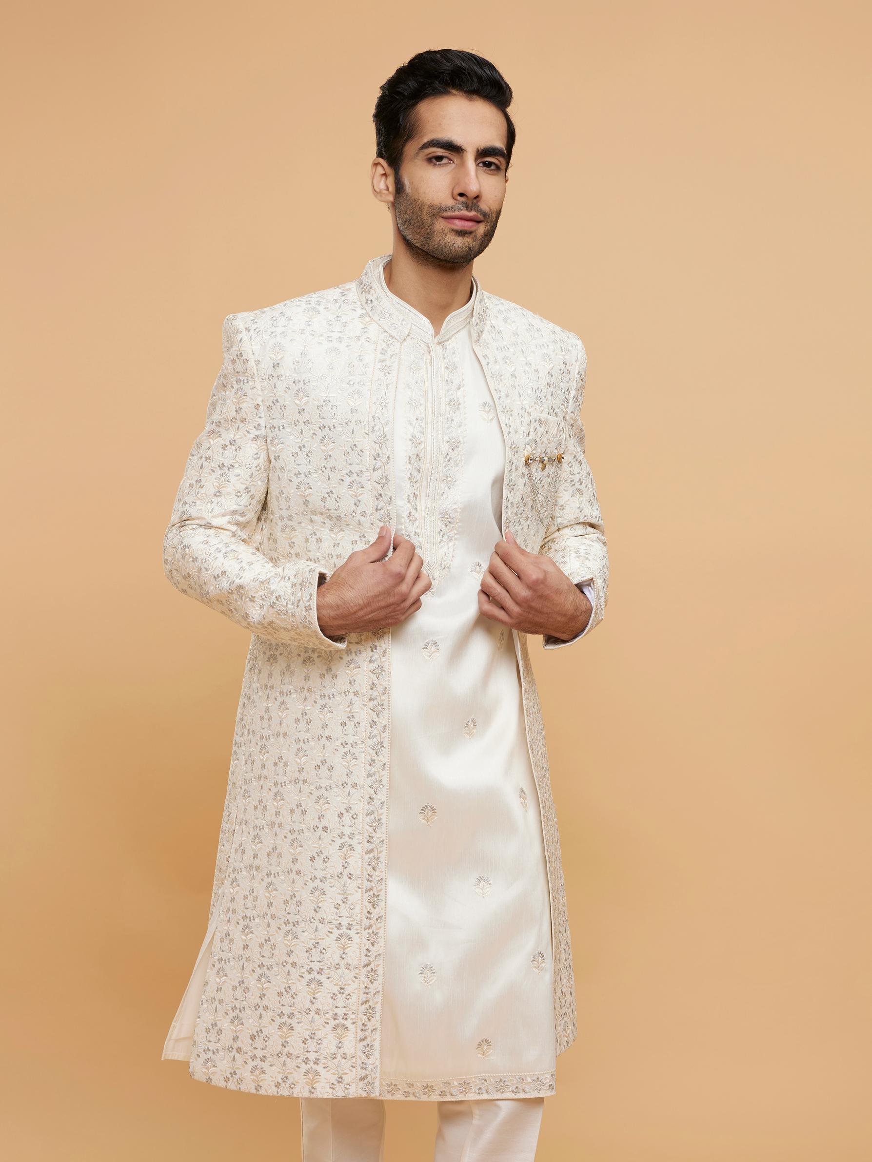 Twamev Men Warm White Bel Buti Embroidered Sherwani Set