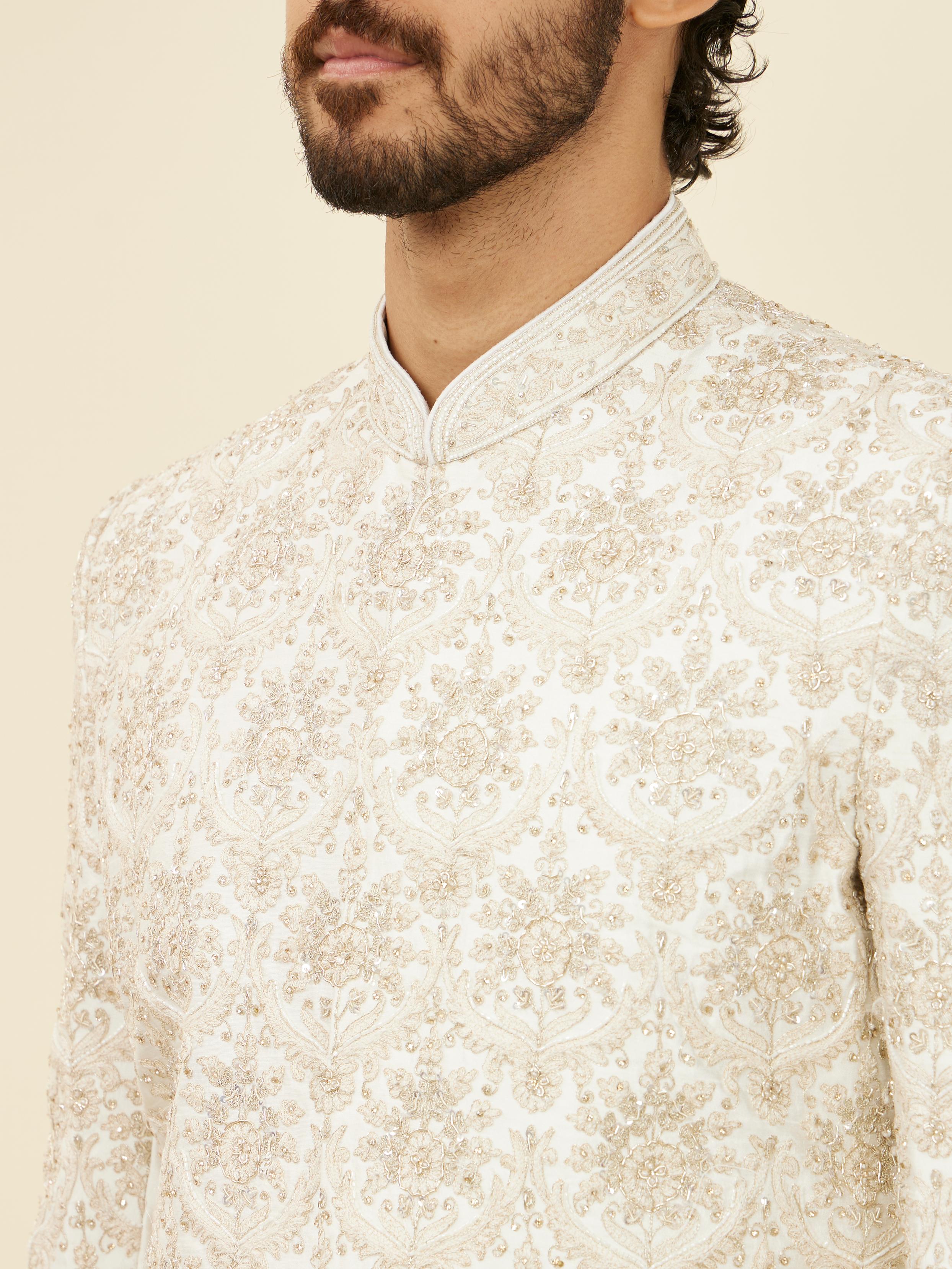 Twamev Men Warm White Floral Patterned Sherwani Set