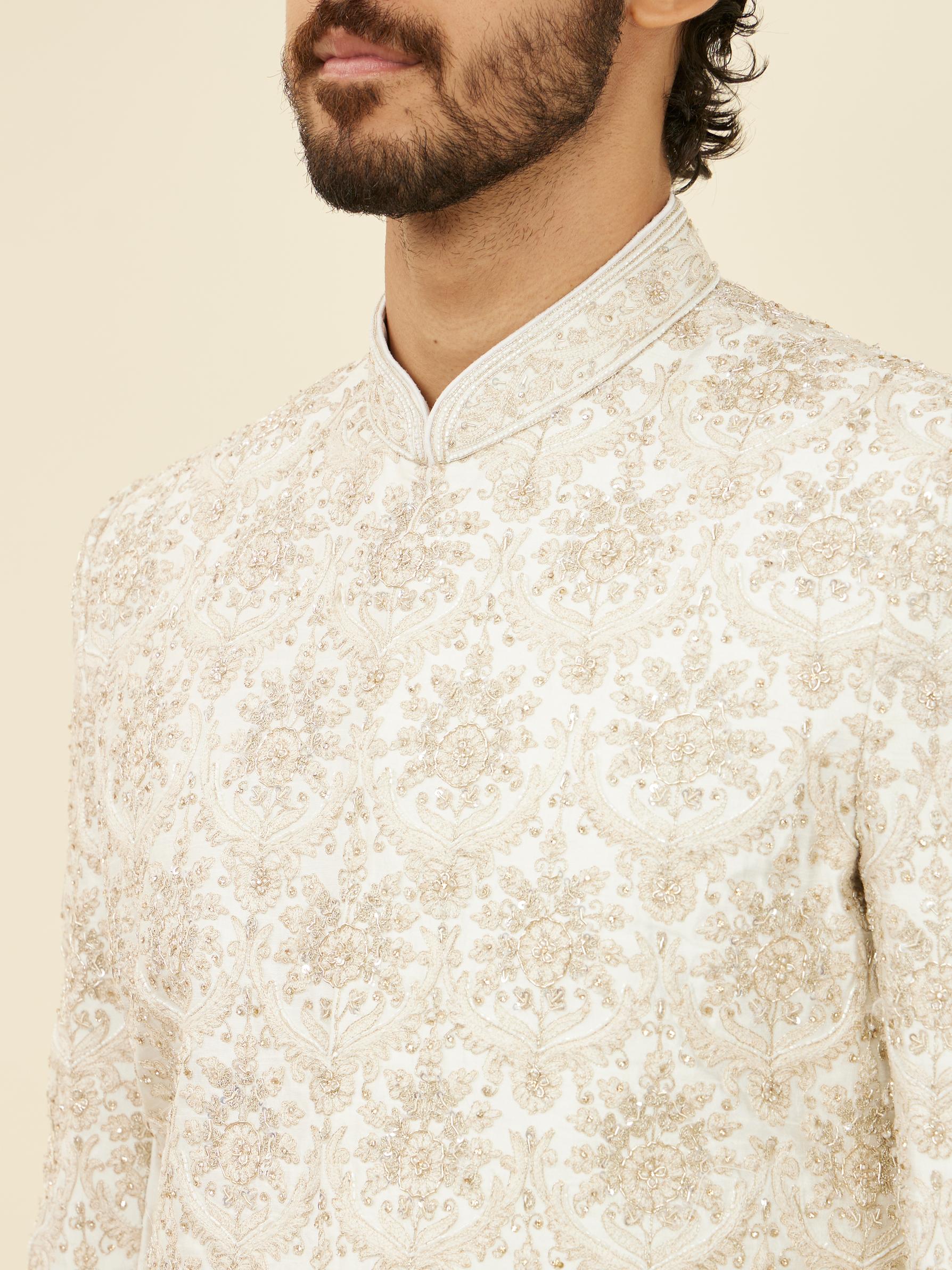 Twamev Men Warm White Floral Patterned Sherwani Set