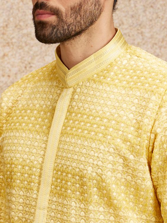 Twamev Men Sparkling Yellow Georgette Kurta Pajama