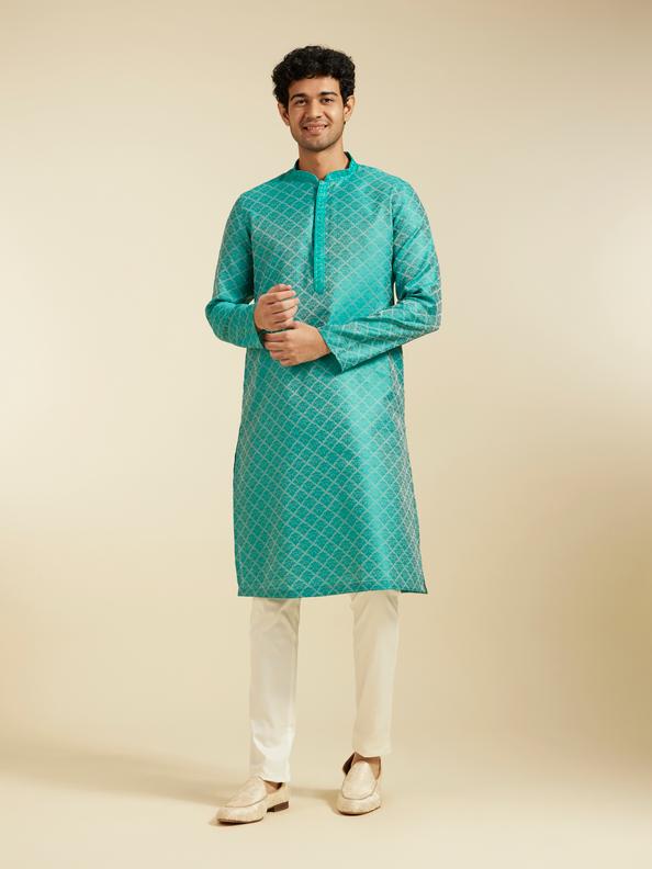 Diwas Men Turquoise Blue Jaal Patterned Kurta