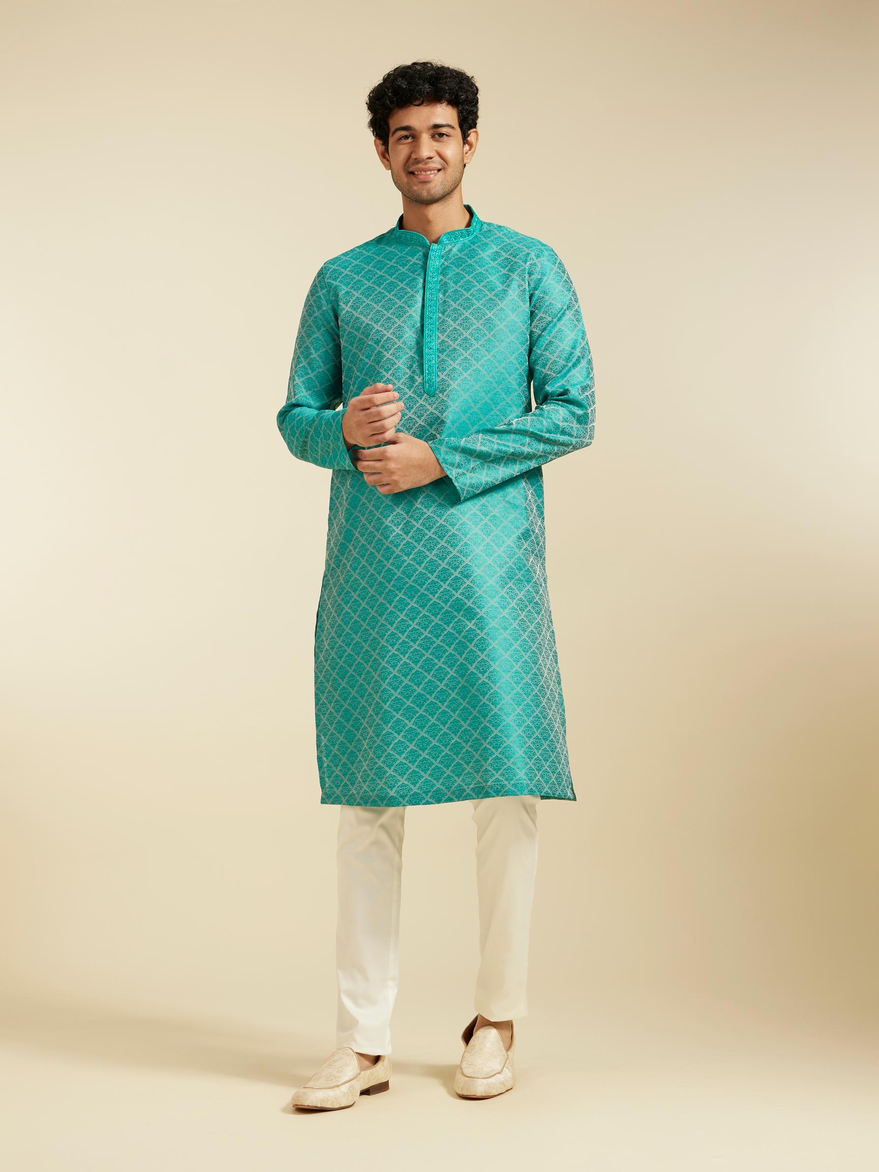 Diwas Men Turquoise Blue Jaal Patterned Kurta