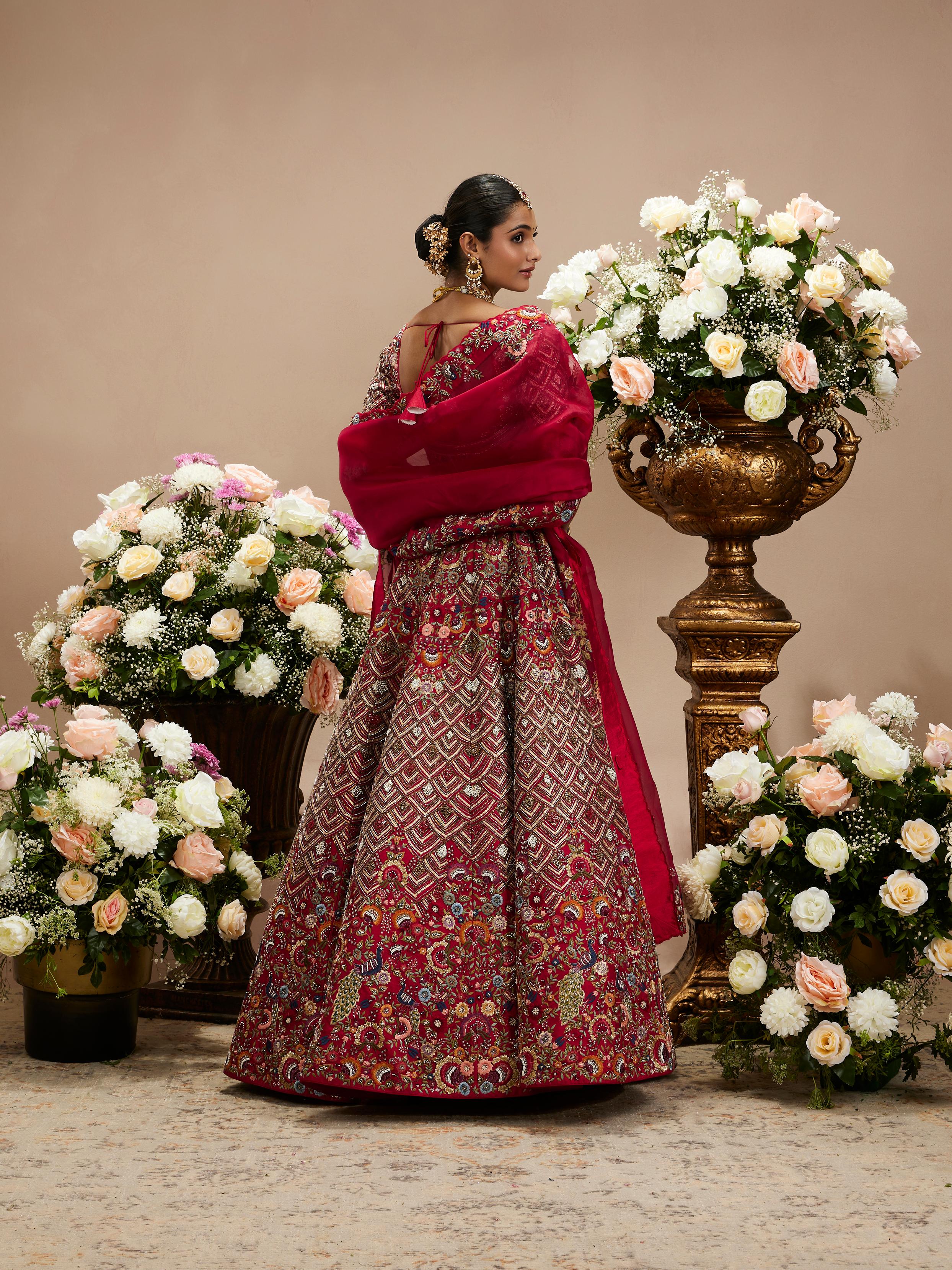 Twamev Women Tomato Red Fish Scale Patterned Lehenga with Floral Embroidery And Peacock Motifs