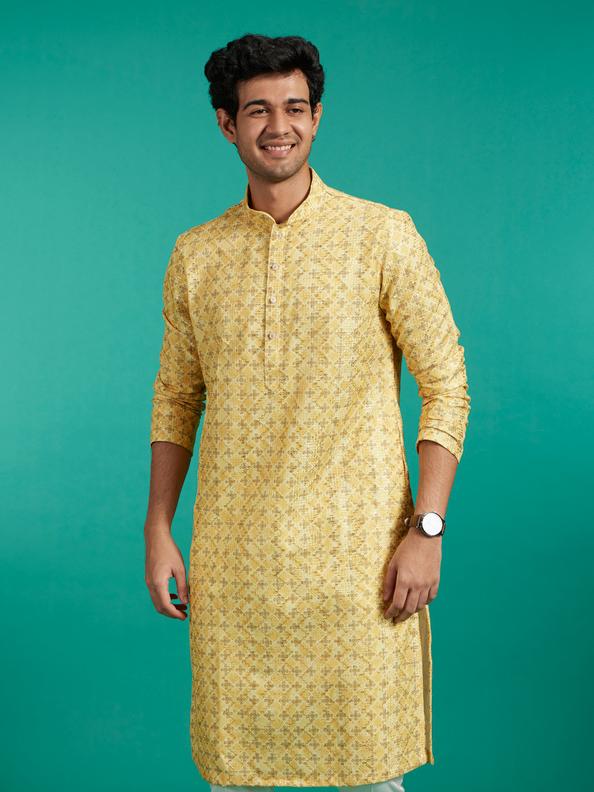 Diwas Men Straw Yellow Buta Print in Grid Pattern Kurta