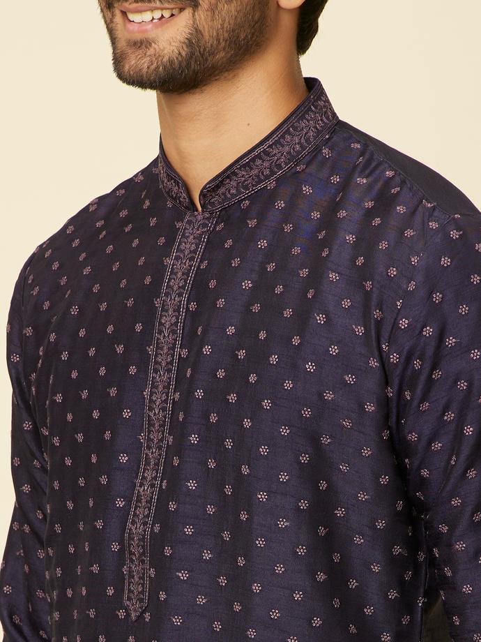 Twamev Men Midnight Blue Self Patterned Kurta Set
