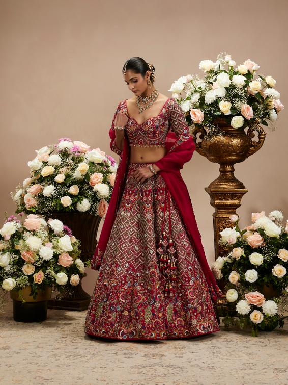 Twamev Women Tomato Red Fish Scale Patterned Lehenga with Floral Embroidery And Peacock Motifs