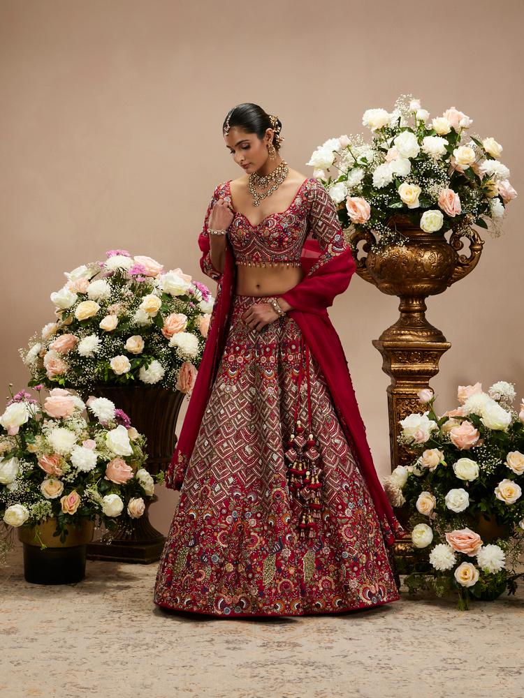 Twamev Women Tomato Red Fish Scale Patterned Lehenga with Floral Embroidery And Peacock Motifs