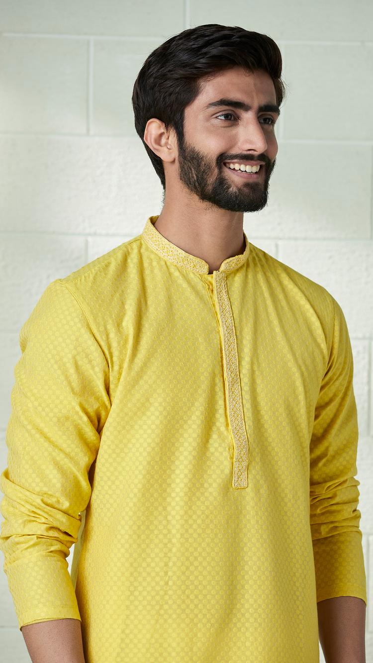 Twamev Men Canary Yellow Self Patterned Kurta Set