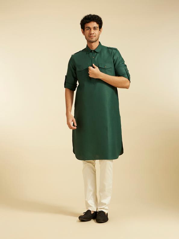 Diwas Men Bottle Green Paithani Style Kurta with Cuffed Sleeves