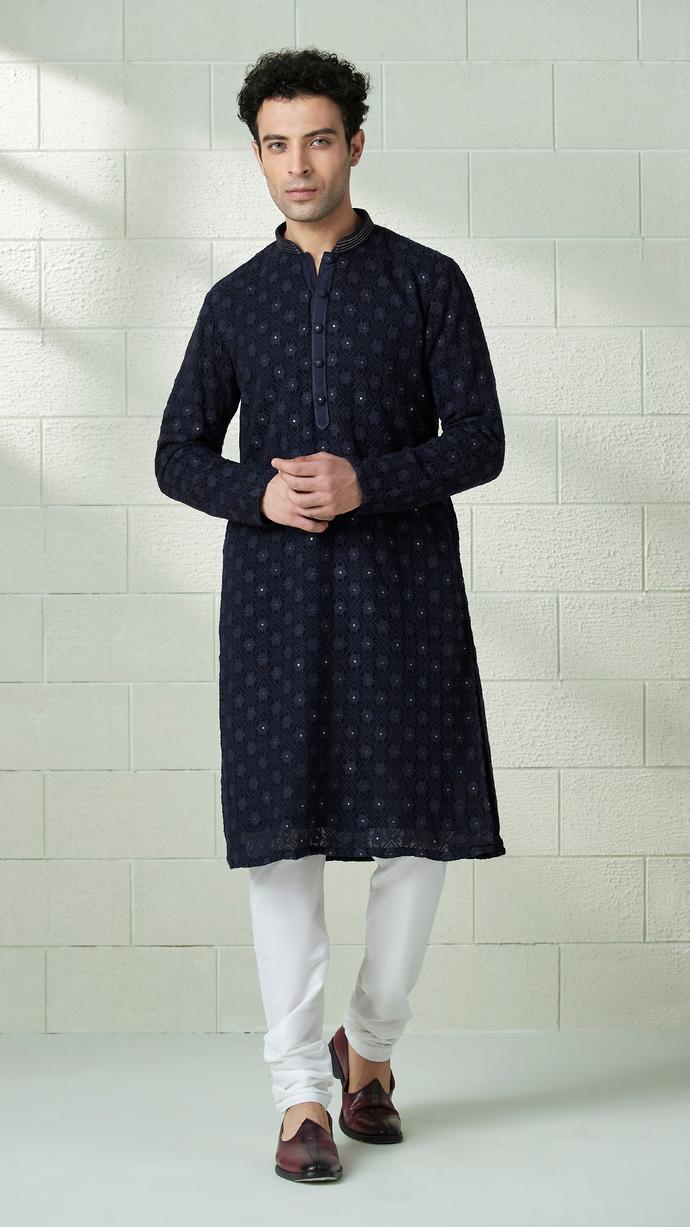 Twamev Men Midnight Blue Chikankari Embroidered Kurta Set
