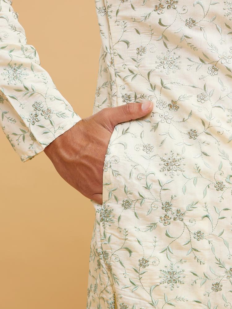Twamev Men Exquisite Cream and Green Kurta Pajama