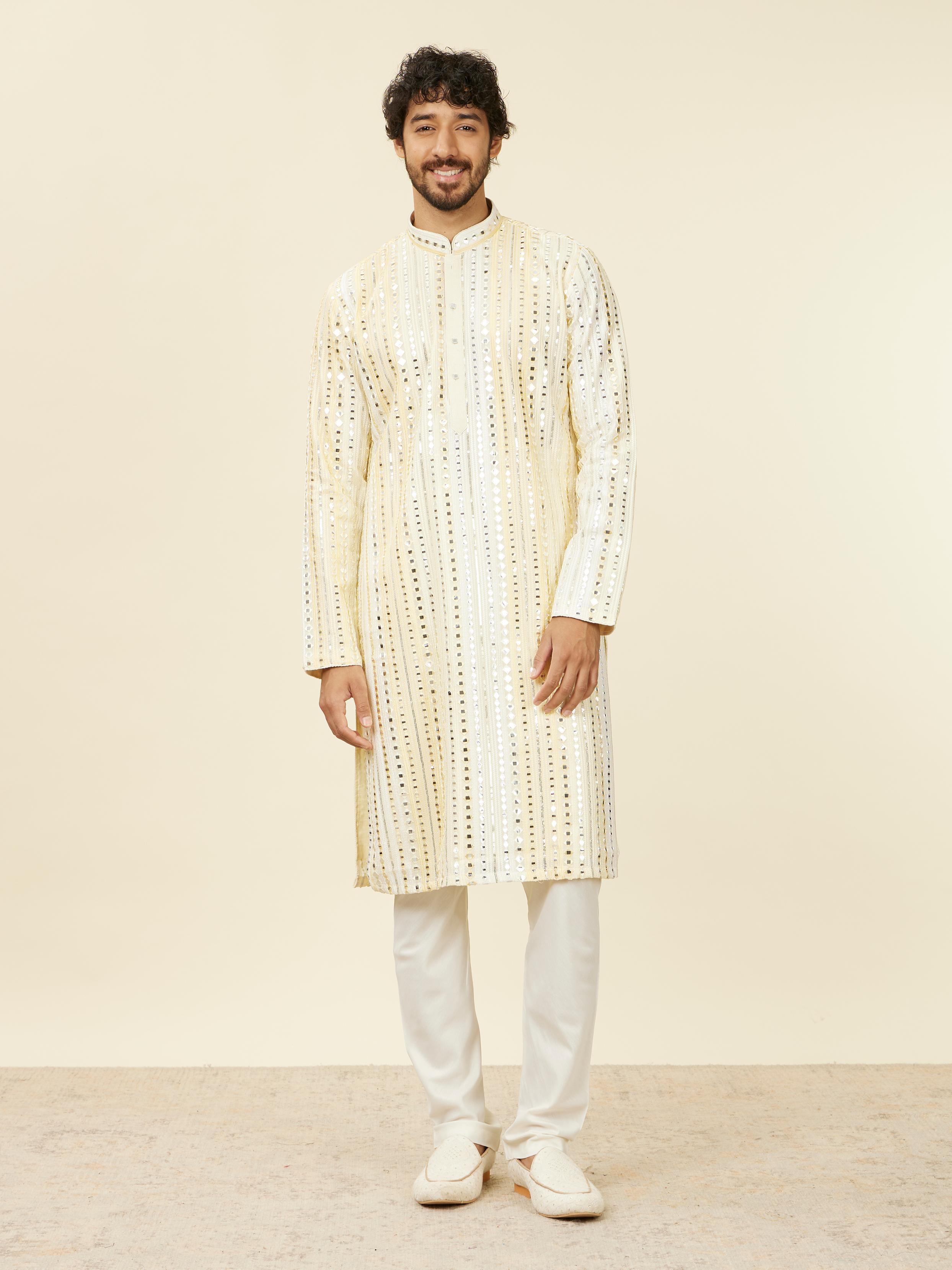 Twamev Men Lemon Yellow Kurta Set with Mirror Work