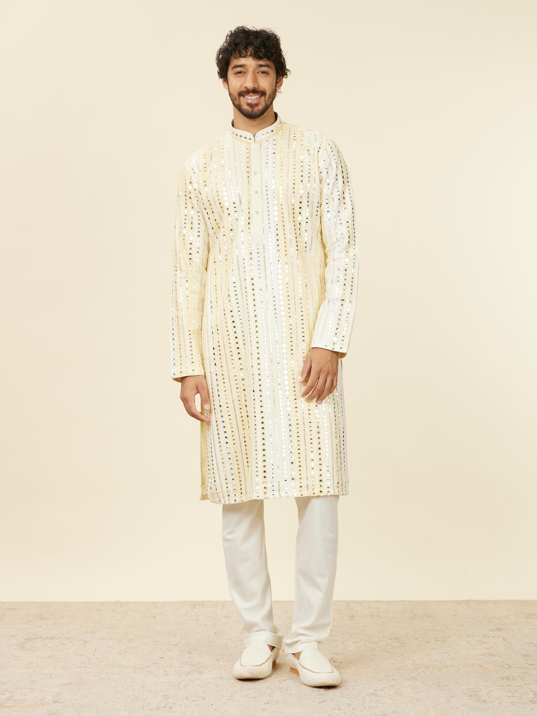 Twamev Men Lemon Yellow Kurta Set with Mirror Work