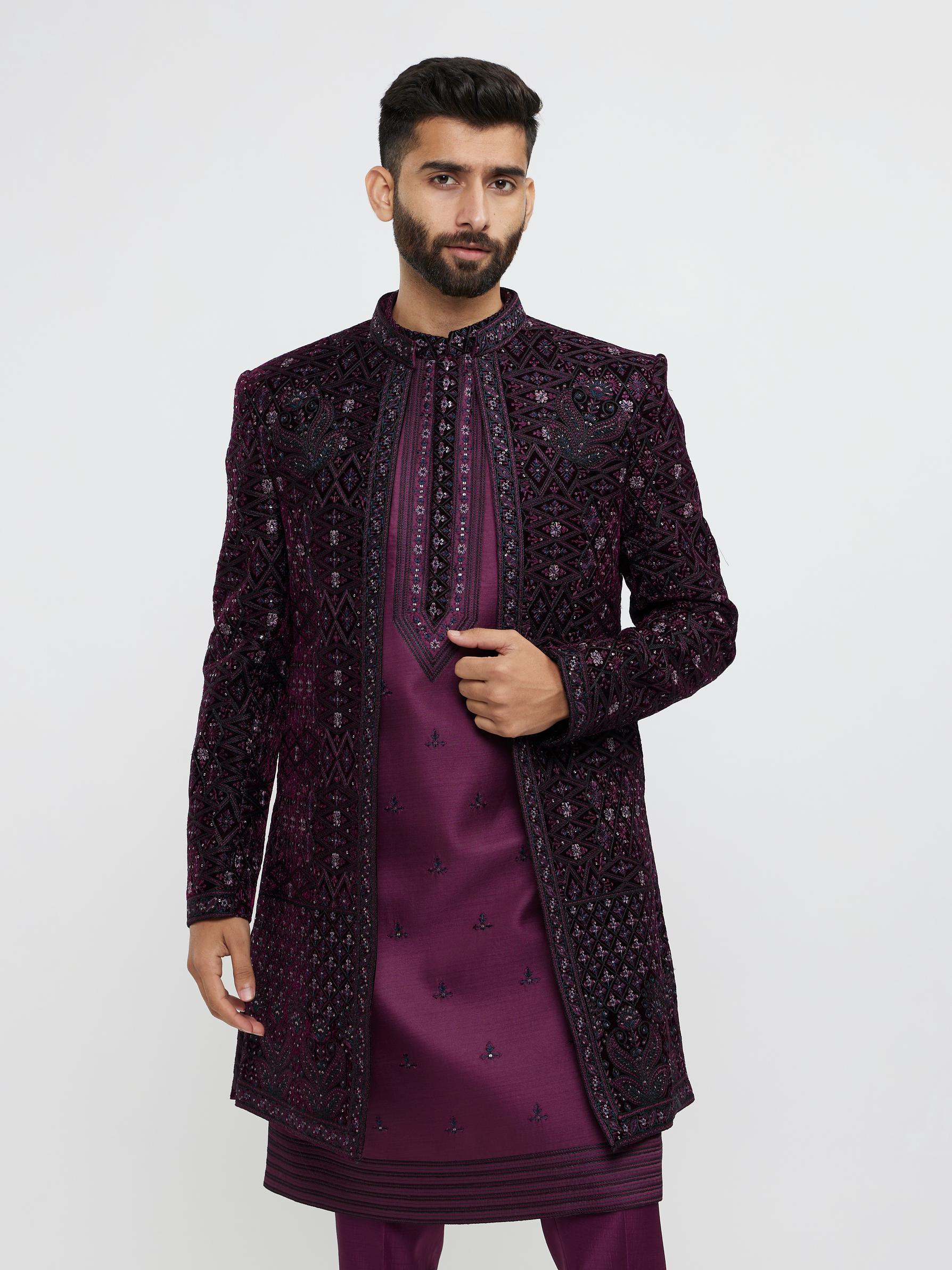 Twamev Men Wine Red Sherwani Set with Geometric Patterns and Rhinestones