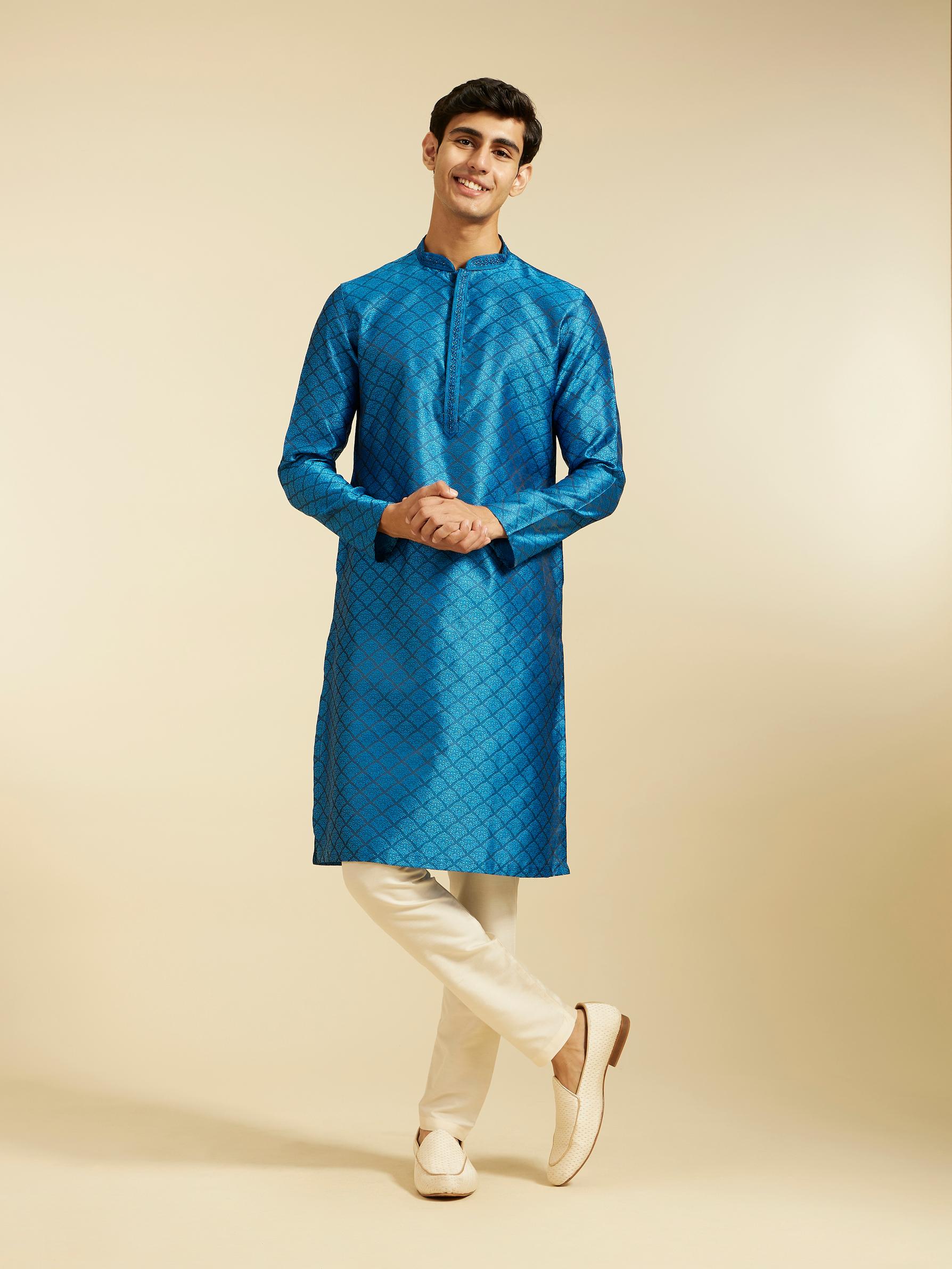 Diwas Men Lapis Blue Jaal Patterned Kurta