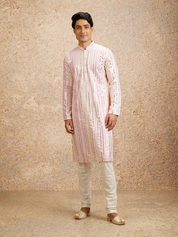 Twamev Men Twinkling Pink Georgette Kurta Pajama