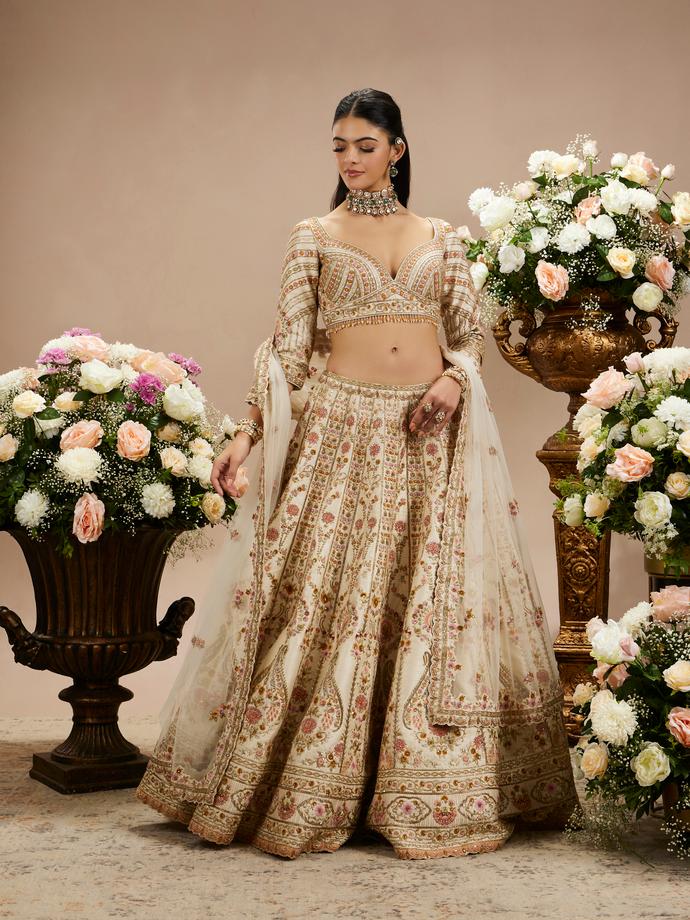 Twamev Women Cream Beige Floral Embroidered Lehenga with Paisley Patterns And Zari Work